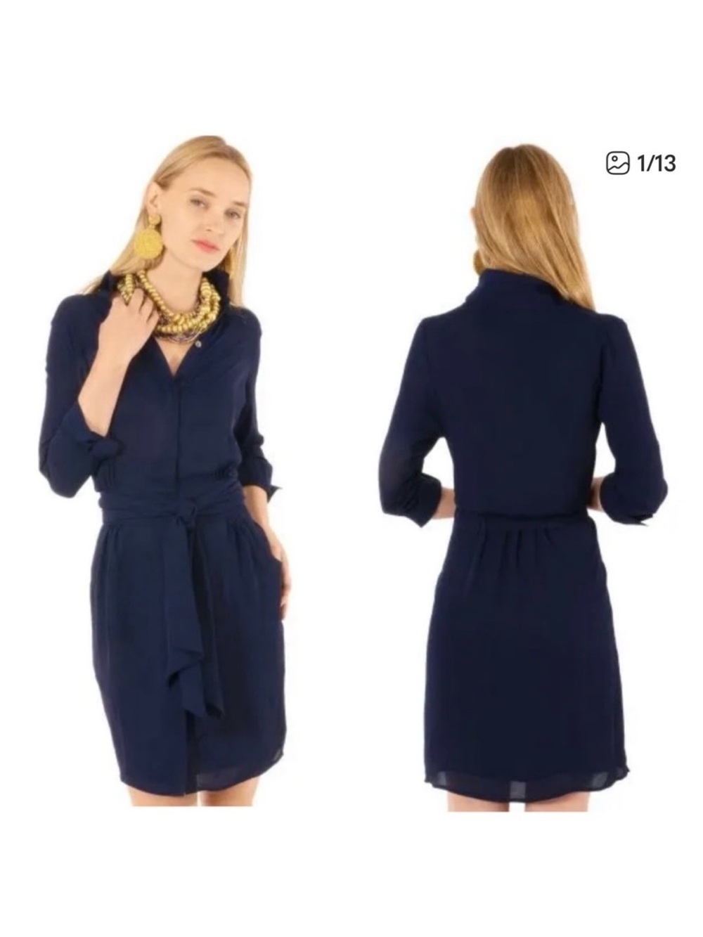 Gretchen Scott Breezy Blouson Navy Shirt Dress Size Small